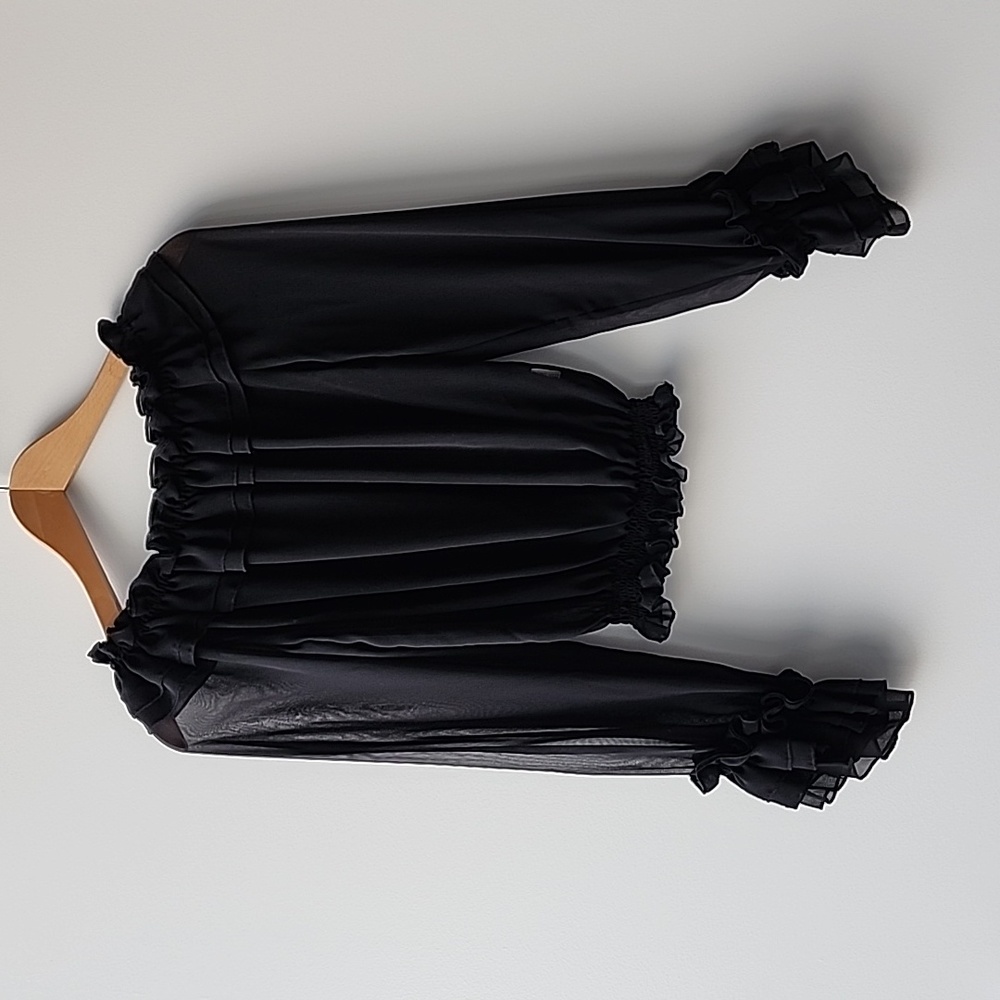 Vintage Off the Shoulder Sheer Ruffle Elastic Crop Blouse Top